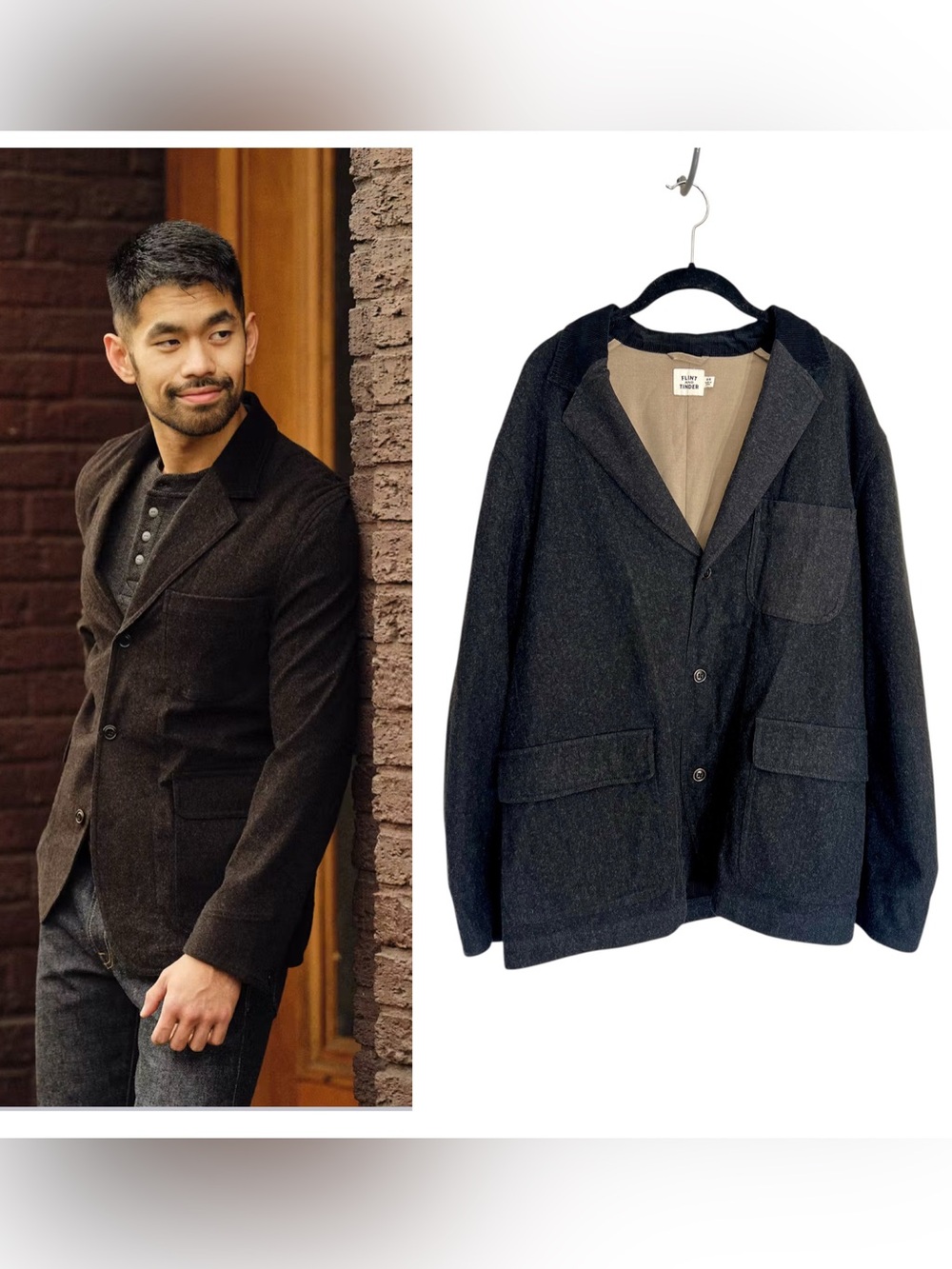 Flint & Tinder Flex Knit Chore Blazer charcoal corduroy collar sz 44 fall